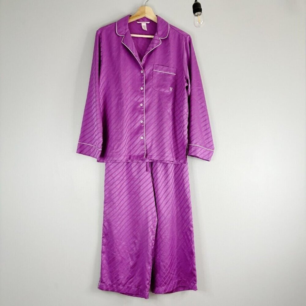 Victoria's Secret Match 2 Piece Pajama Set Purple VS Crop Top Pants Sati…